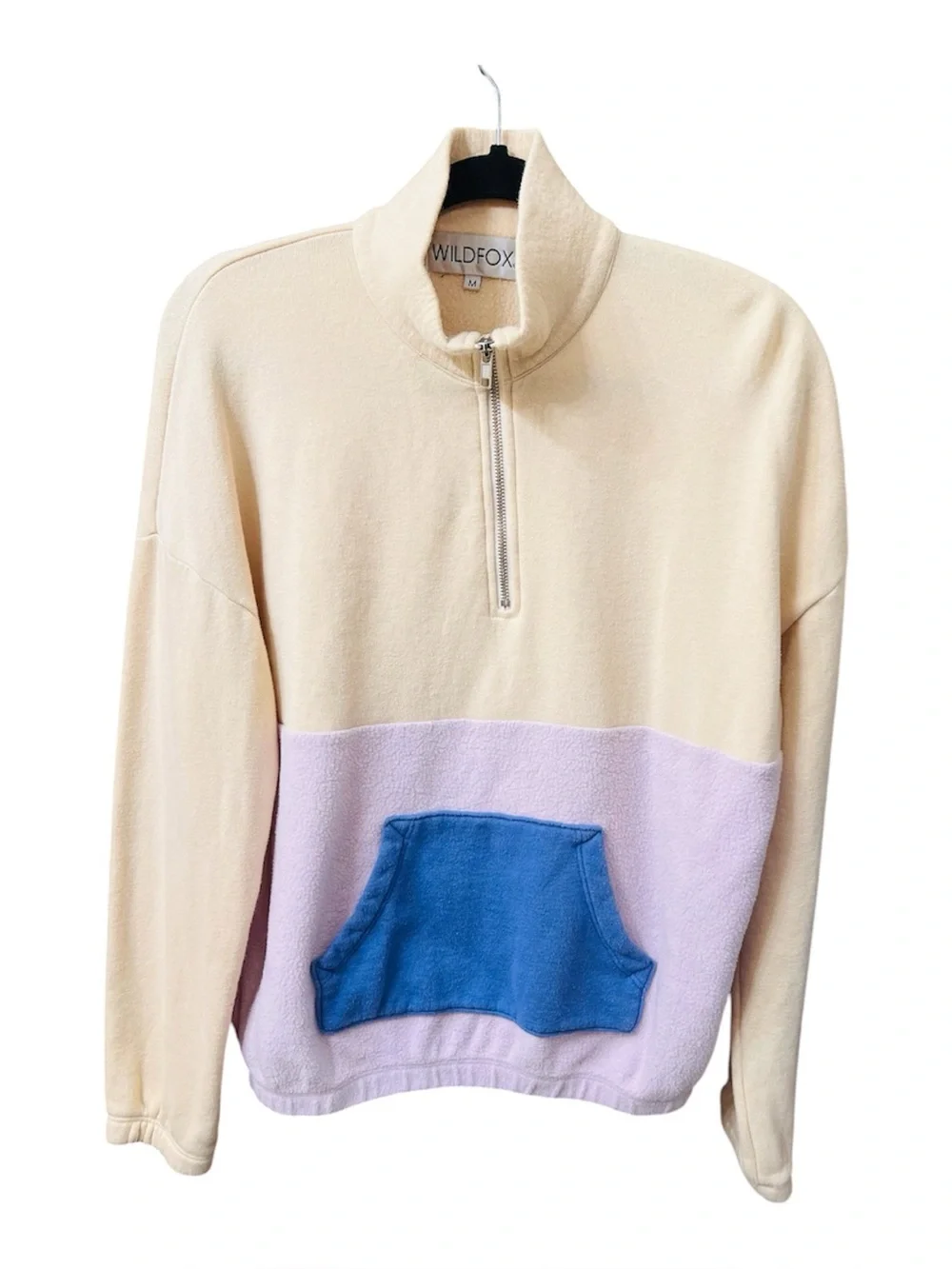 Wildfox Lea Colorblock 1/4 Zip Sherpa Sweatshirt M Cream Pink Blue USA
